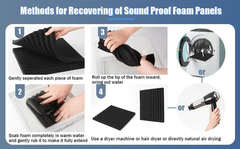 Methods for recovering 50 Pack Black Wedge Acoustic Foam Panels 1x12x12 inches using water and drying techniques.