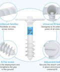 Beach Umbrella Sand Anchor Heavy Duty Base With 5 Spiral Screws Universal Fit For Most Beach Umbrellas Wind Resistant Holder Stand White Durable ABS Plastic That Wont Rust In Sand Or Salt Water, featuring reinforced handles and universal fit base.