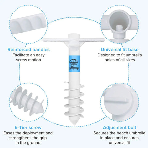 Beach Umbrella Sand Anchor Heavy Duty Base With 5 Spiral Screws Universal Fit For Most Beach Umbrellas Wind Resistant Holder Stand White Durable ABS Plastic That Wont Rust In Sand Or Salt Water, featuring reinforced handles and universal fit base.