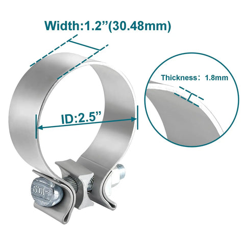 2.5 Inch Exhaust Clamp Set, Narrow Band Muffler Clamps For Stainless Steel Exhaust Pipe, 2 Pack with width and thickness details