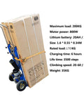 Lightweight Electric Hand Truck Stair Climber With Brushless Motor Handles Heavy 170 Kg Loads And Smoothly Descends Stairs Without Any Hassle Or Manual Effort. Blue truck carrying stacked boxes.