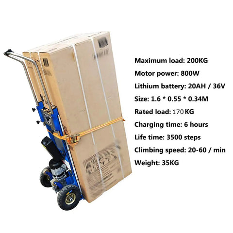 Lightweight Electric Hand Truck Stair Climber With Brushless Motor Handles Heavy 170 Kg Loads And Smoothly Descends Stairs Without Any Hassle Or Manual Effort. Blue truck carrying stacked boxes.