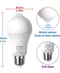 Motion Sensor LED Light Bulb For Indoor Use With Dusk To Dawn Auto On, E26 Base, 6000K Daylight, 13.5W Equals 100W, PIR Infrared Motion Activation, No Fuss Security Night Light, 4 Pack, 60mm x 104mm