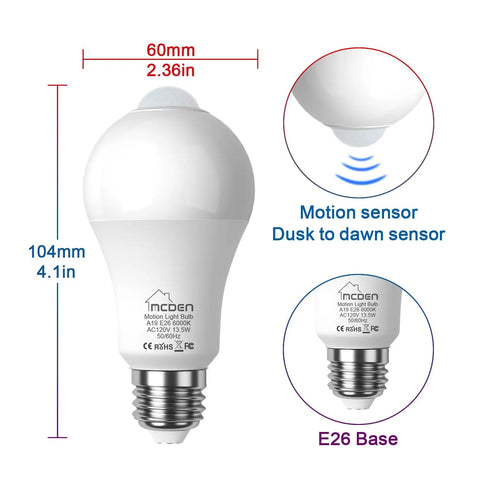 Motion Sensor LED Light Bulb For Indoor Use With Dusk To Dawn Auto On, E26 Base, 6000K Daylight, 13.5W Equals 100W, PIR Infrared Motion Activation, No Fuss Security Night Light, 4 Pack, 60mm x 104mm