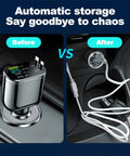 Retractable Four In One Car Charger With Built Dual USBC Cables Durable PC Housing Built Tough For Rough Drives Slap It In Your Dashboard And Slay Those Dead Phone Screens Fast Reliable Power Anywhere, before and after comparison.