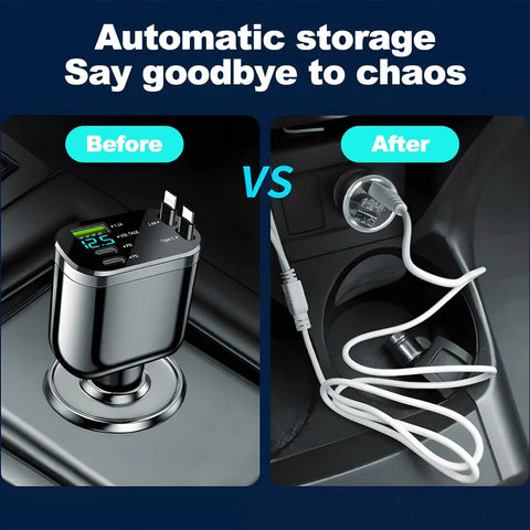 Retractable Four In One Car Charger With Built Dual USBC Cables Durable PC Housing Built Tough For Rough Drives Slap It In Your Dashboard And Slay Those Dead Phone Screens Fast Reliable Power Anywhere, before and after comparison.