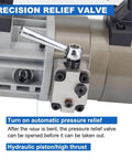 Close-up of precision relief valve on 1800W Portable Electric Hydraulic Rebar Bender for controlled bending pressure.