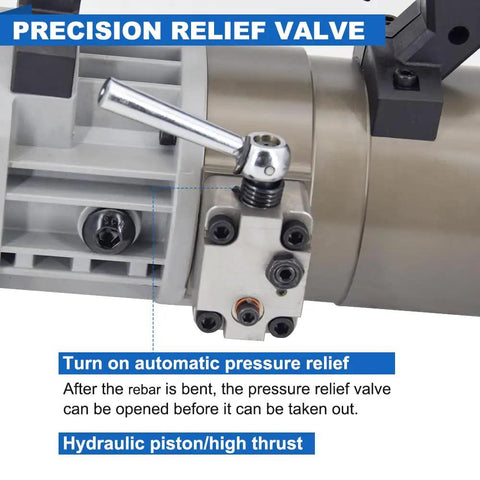 Close-up of precision relief valve on 1800W Portable Electric Hydraulic Rebar Bender for controlled bending pressure.