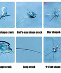 Different windshield crack shapes including crescent, bull's-eye, star, petal, long, and font, suitable for Pro Windshield Crack Repair Kit