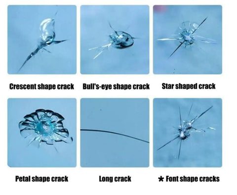 Different windshield crack shapes including crescent, bull's-eye, star, petal, long, and font, suitable for Pro Windshield Crack Repair Kit