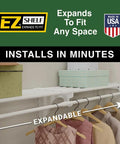 Expandable Closet Shelf With Hanging Rod 19.5 To 29 Inches White Backwall Floating Shelf Kit Holds 200 Lbs Easy Install With 2 End Brackets displayed with clothes.