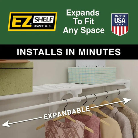Expandable Closet Shelf With Hanging Rod 19.5 To 29 Inches White Backwall Floating Shelf Kit Holds 200 Lbs Easy Install With 2 End Brackets displayed with clothes.