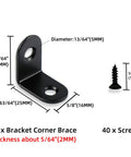 1 Inch L Brackets For Wood 20 Pack, 2mm thick black stainless steel corner brace with screws, dimensions and included parts.