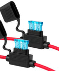 Premium 15 Amp Atc Ato Blade Fuse With 14 Awg Inline Fuse Holder Harness Kit For Cars Trucks Boats And Marine Applications showing two inline fuse holders with blue fuses and red wiring.