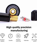 Close-up of Five Pack Tubeless Tire Valve Stems That Snap In Easy Rubber Air Tight Seal Replacement Kit With Durable Brass Core
