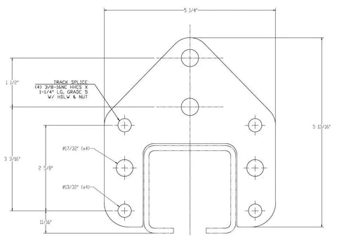 Technical drawing of Unibilt Blue Enclosed Conveyor Track With Yokes Five Foot Long Workhorse fastener dimensions
