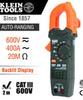 Front view of Klein Tools CL120VP digital clamp meter showing auto-ranging features, Voltage Test Kit With Clamp Meter And Leads.