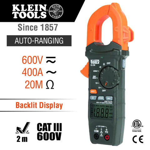 Front view of Klein Tools CL120VP digital clamp meter showing auto-ranging features, Voltage Test Kit With Clamp Meter And Leads.