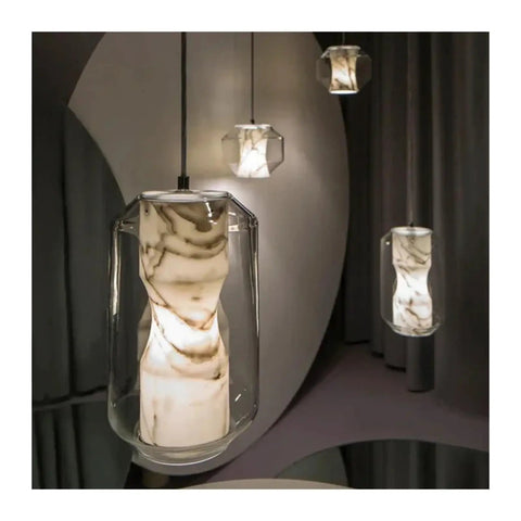 Modern Clear Glass Pendant Light with Marble Pattern Inner Shade, Adjustable Suspended Hanging for Kitchen Island,Warmth, close-up view.