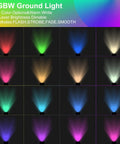 Color display of Eight Pack RGBW Landscape Lights For Outdoors, In-Ground Well Lights, showing 16 colors and lighting modes.