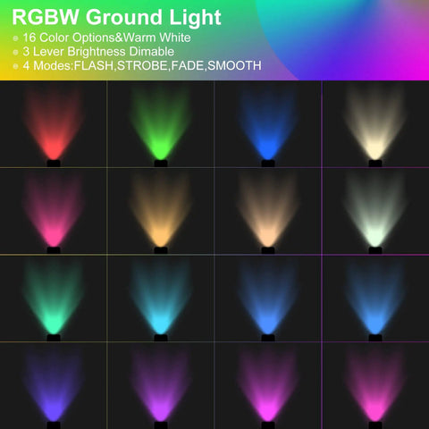 Color display of Eight Pack RGBW Landscape Lights For Outdoors, In-Ground Well Lights, showing 16 colors and lighting modes.