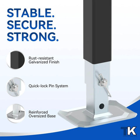 Side view of 8000 Lbs Square Trailer Jack With 15 Inch Lift And 12 Inch Adjustable Drop Leg Heavy Duty Weld On Mount For RV Boat And Utility Trailers Built From Corrosion Resistant Powder Coated Steel showing features.