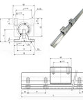 Technical drawing and 3D render of Two Pack SBR12 16 20 20mm Linear Guide Rail Kit Ready To Roll With 300 To 1500mm Lengths Fully Supported Rails And SBR20UU Bearing Blocks For CNC Projects Durable High Precision Linear Motion System