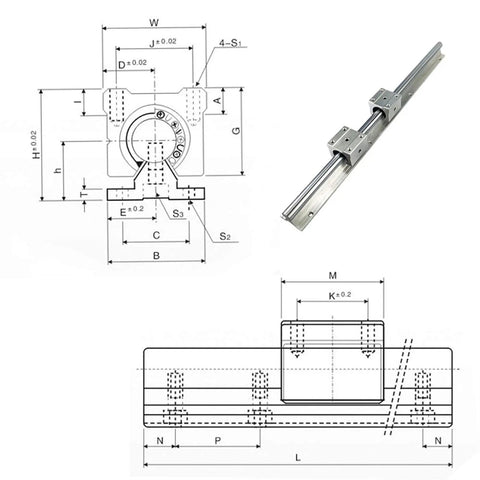Technical drawing and 3D render of Two Pack SBR12 16 20 20mm Linear Guide Rail Kit Ready To Roll With 300 To 1500mm Lengths Fully Supported Rails And SBR20UU Bearing Blocks For CNC Projects Durable High Precision Linear Motion System