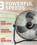 20-Inch Floor Fan And Wall Mount Air Mover showcasing three powerful speeds with black metal blades.