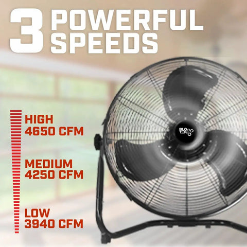 20-Inch Floor Fan And Wall Mount Air Mover showcasing three powerful speeds with black metal blades.