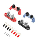 Heavy Duty 250A Bus Bar Power Distribution Block With Dual 3/8 Stud Terminals featuring red, black, and blue units plus connectors.
