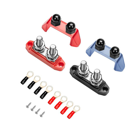 Heavy Duty 250A Bus Bar Power Distribution Block With Dual 3/8 Stud Terminals featuring red, black, and blue units plus connectors.