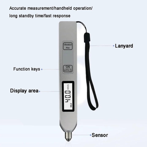 Handheld Vibration Vibe Meter And Analyzer With LCD Backlit Screen Digital Readout For Acceleration 0.1 To 199.9 m Per s2 Velocity And Displacement Piezoelectric Sensor Great For Mechanical Fault Diagnosis And Maintenance, pen style with lanyard