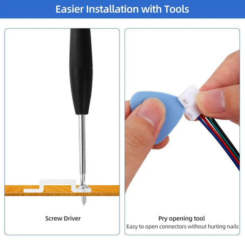 Easy Install 5050 RGB LED Strip Connector Kit With 4 Pin 10mm Connectors, screw driver and pry opening tool detail