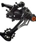 9 X-Wide Rear Derailleur For Mountain Bikes With Rugged Hanger Non Direct Mount Gloss Onyx Black Finish Sealed Bearing Pulleys Featuring 3D Forged Linkages Carbon Nylon Knuckle Pivot Tech Cable Stay Tri Pack Clutch, black derailleur