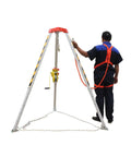 Tough As Nails Heavy Hitter Manual Emergency Rescue Tripod Winch 2600 Lbs Capacity with worker in safety harness, using winch.