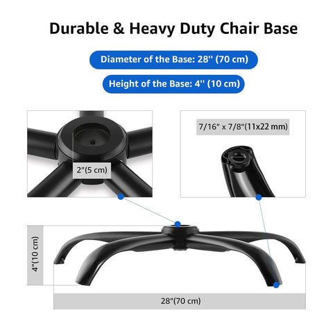 Heavy Duty Office Chair Base Replacement With Universal Fit Caster Sockets And Matte Black Finish for 28-inch gaming furniture.