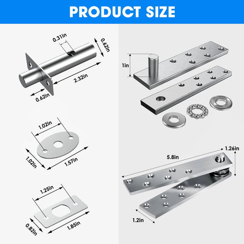 Hidden Pivot Door Hinge Set For Wood Doors And Secret Bookcases Heavy Duty Stainless Steel 360 Degree Rotation With Simple Lock Includes Accessories For Murphy Bookcase And Large Doors showing dimensions and components