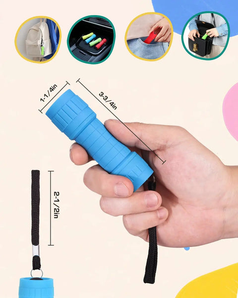Person holding blue flashlight from the Compact Grab And Go Mini LED Flashlight Set In 4 Colors With 48 AAA Batteries Included