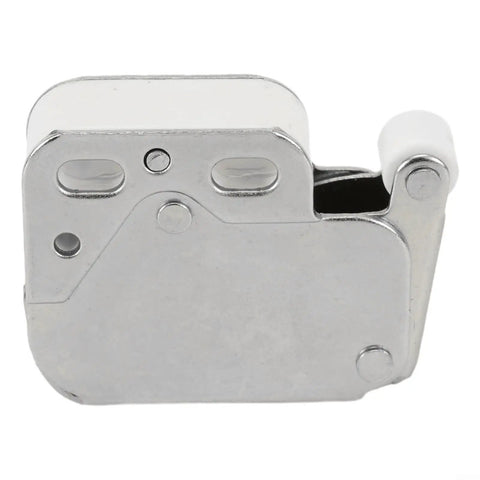 Close-up of steel Push To Open Mini Cabinet Latch With Automatic Lock, nylon roller visible.