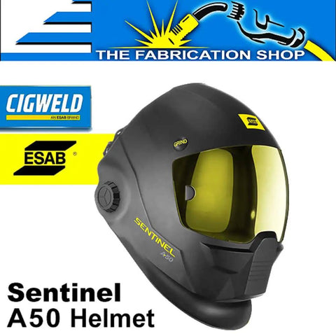 Sentinel A50 Welding Helmet with low-profile black shell and color touch screen displayed in fabrication shop.