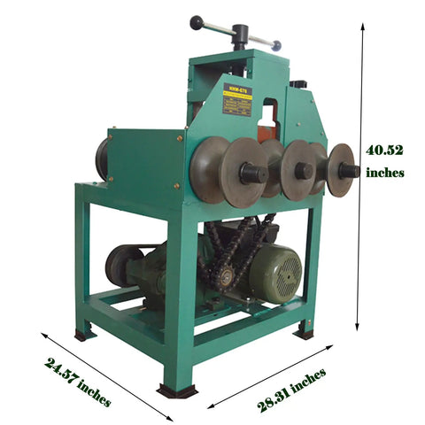 No Fuss Heavy Duty Electric Pipe Bender With 17 Swap Out Cold Roll Dies For Dead Simple Stainless Steel And Square Tube Shaping Machine Without Heat Or Sand Mess, green frame with round and square dies, 40.52 inches tall.