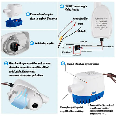 Diagram and parts of 12V Submersible Bilge Pump With Built In Float Switch Auto On Off For Efficient Bilge Water Removal One And One Eighth Inch Outlet Ideal For Boats And Yachts Reliable Durable Marine Pump
