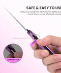 Person demonstrating the lock mechanism of the Pink 6-In-1 Multitool Carabiner with Knife, Bottle Opener, Glass Breaker, Screwdrivers.