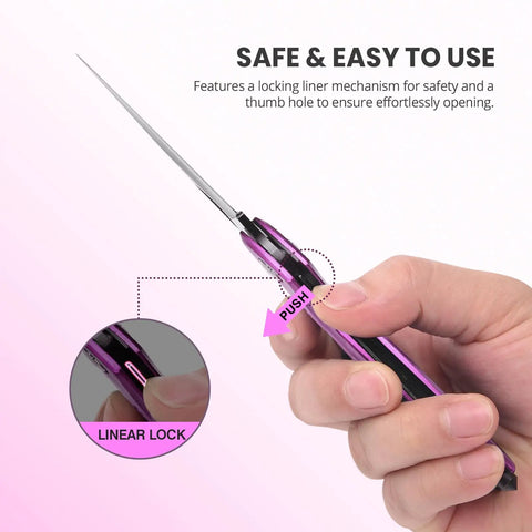 Person demonstrating the lock mechanism of the Pink 6-In-1 Multitool Carabiner with Knife, Bottle Opener, Glass Breaker, Screwdrivers.