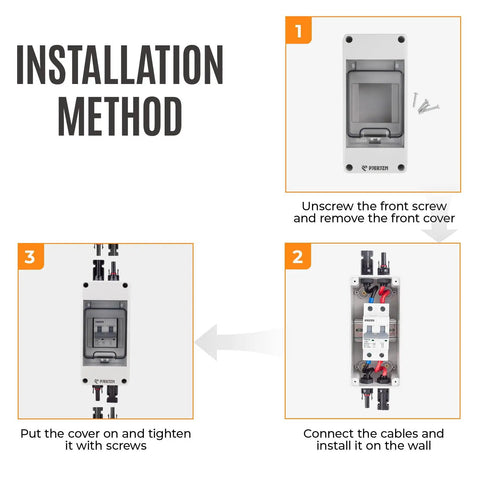 Installation guide for Solar Panel Disconnect Switch 1000V 60A PV Breaker Box Outdoor Enclosure showing wiring steps.