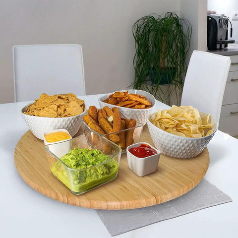 20 Inch Extra Large Bamboo Lazy Susan Turntable Round Rotating Serving Tray For Kitchen And Dining Tables Ideal For Parties Eco Friendly Solid Bamboo Construction With Smooth Spin And Durable Heavy Duty Support with snacks displayed