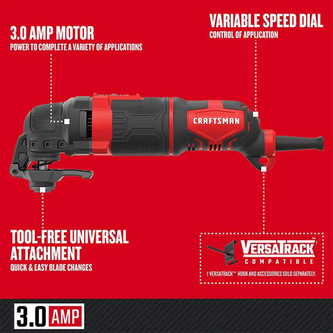Corded Oscillating Tool Kit With 3 Amp Power, 14-Piece Set Including Sandpaper And Blades, side view with speed dial