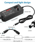 Universal Adjustable DC Power Supply 3V-24V, 3A 72W, 100-240V AC To DC Converter with LCD Display dimensions diagram.