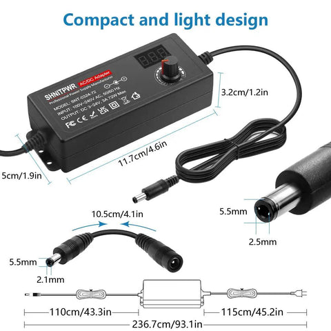 Universal Adjustable DC Power Supply 3V-24V, 3A 72W, 100-240V AC To DC Converter with LCD Display dimensions diagram.